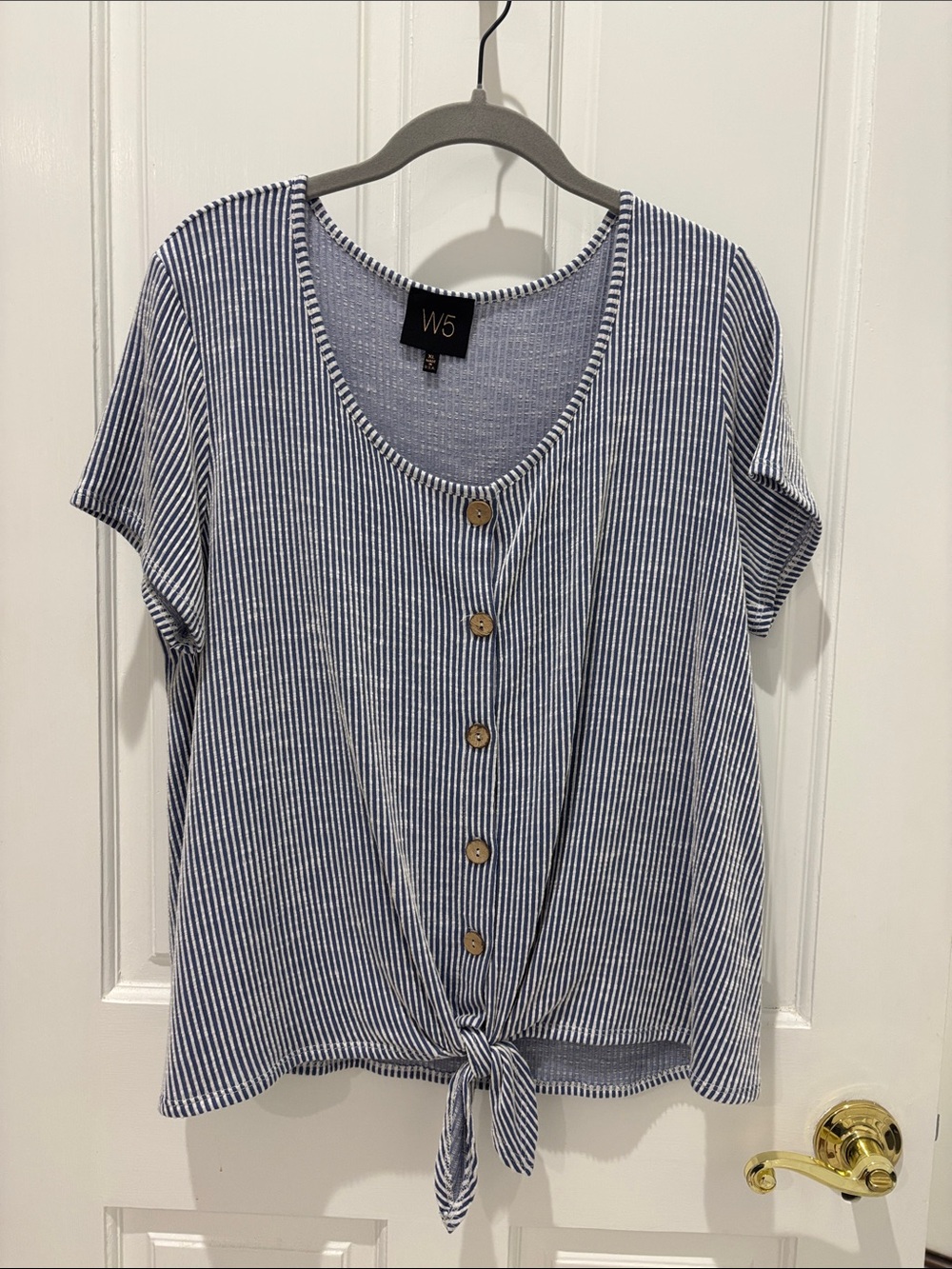 W5 Blue and White Striped Button-Front Tie-Hem Top